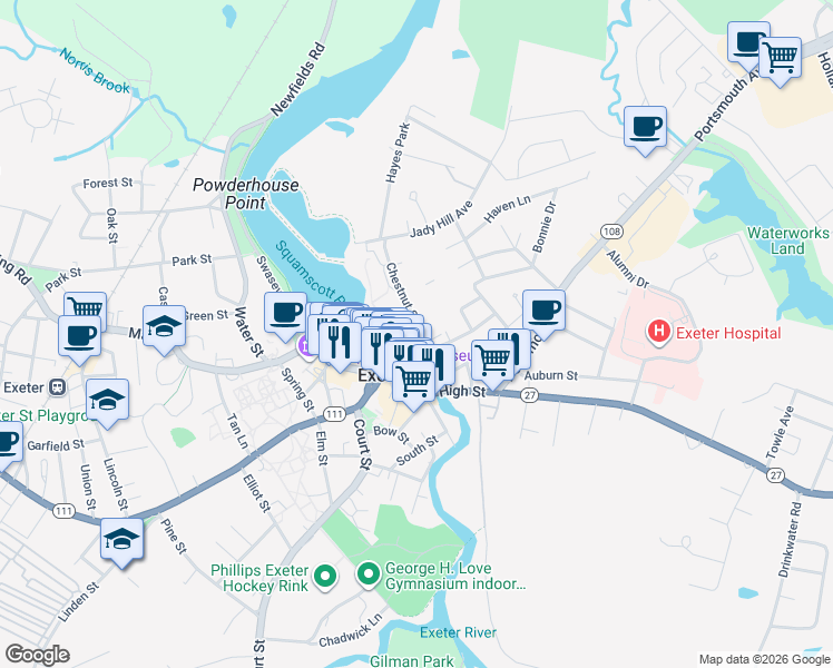 map of restaurants, bars, coffee shops, grocery stores, and more near 20 Chestnut Street in Exeter