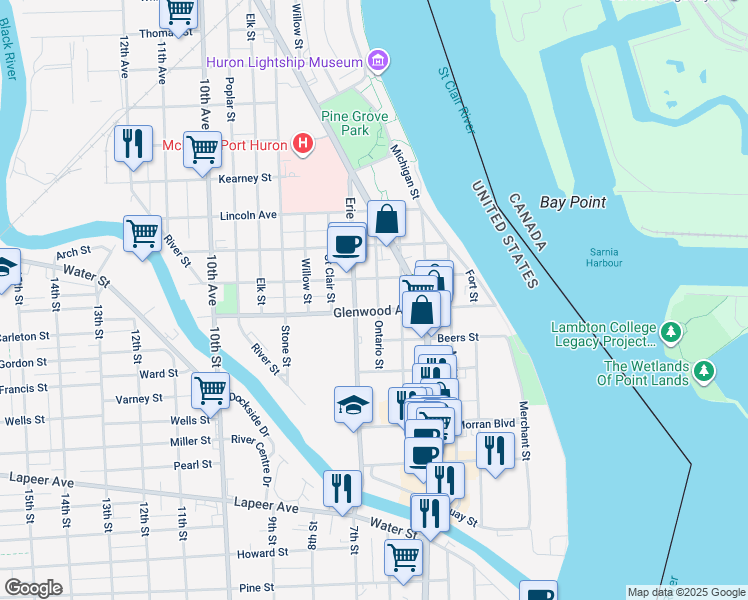 map of restaurants, bars, coffee shops, grocery stores, and more near 801 Ontario Street in Port Huron
