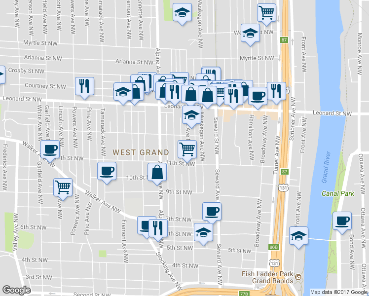 map of restaurants, bars, coffee shops, grocery stores, and more near 1033 Davis Avenue Northwest in Grand Rapids