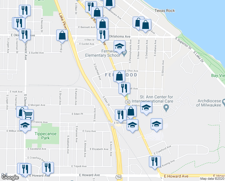 map of restaurants, bars, coffee shops, grocery stores, and more near 2205 East Holt Avenue in Milwaukee