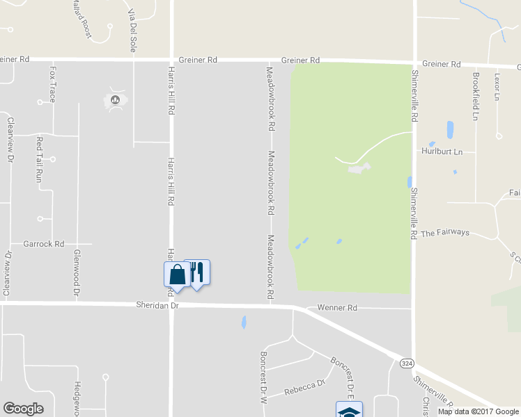 map of restaurants, bars, coffee shops, grocery stores, and more near 4970 Meadowbrook Road in Buffalo