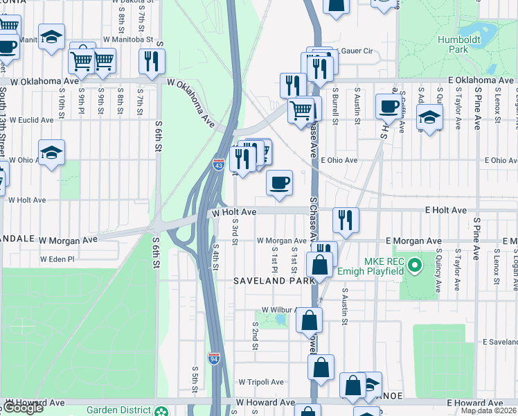 map of restaurants, bars, coffee shops, grocery stores, and more near West Holt Avenue in Milwaukee