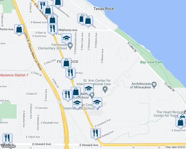 map of restaurants, bars, coffee shops, grocery stores, and more near 3405 South Indiana Avenue in Milwaukee
