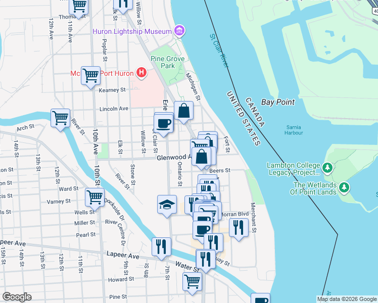 map of restaurants, bars, coffee shops, grocery stores, and more near 805 Pine Grove Avenue in Port Huron