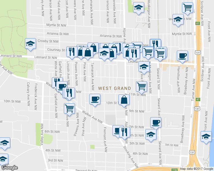 map of restaurants, bars, coffee shops, grocery stores, and more near 1027 Fremont Ave NW in Grand Rapids