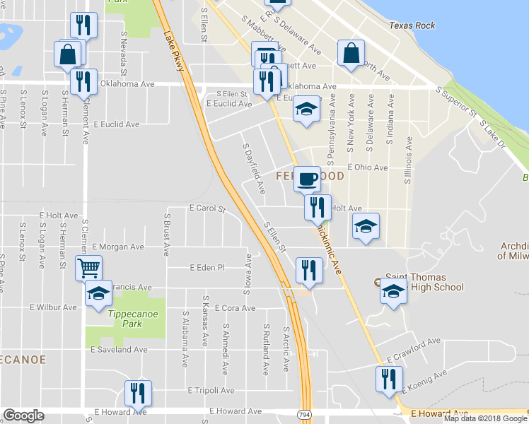 map of restaurants, bars, coffee shops, grocery stores, and more near 2045 East Holt Avenue in Milwaukee