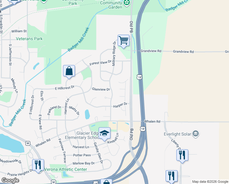 map of restaurants, bars, coffee shops, grocery stores, and more near 518 Goldenrod Circle in Verona