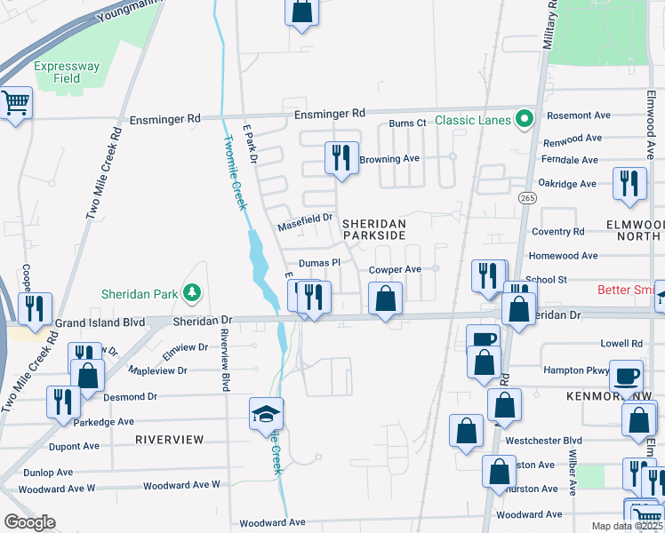 map of restaurants, bars, coffee shops, grocery stores, and more near 53-63 Dumas Place in Tonawanda