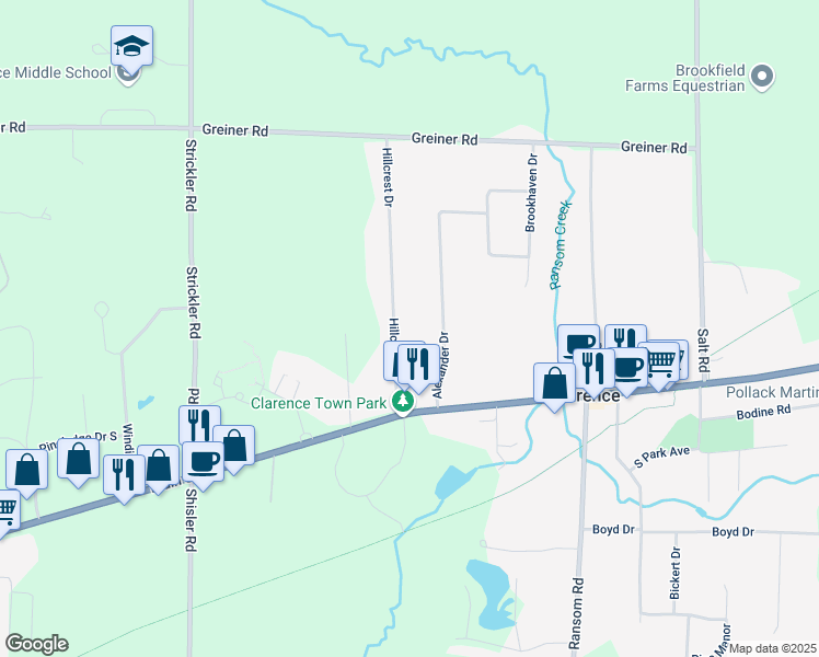 map of restaurants, bars, coffee shops, grocery stores, and more near 5015 Hillcrest Drive in Clarence