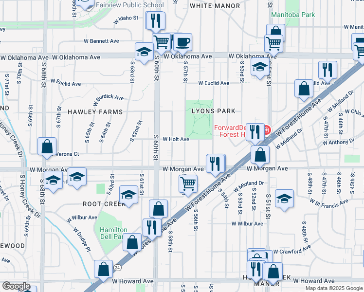 map of restaurants, bars, coffee shops, grocery stores, and more near 3417 South 57th Street in Milwaukee