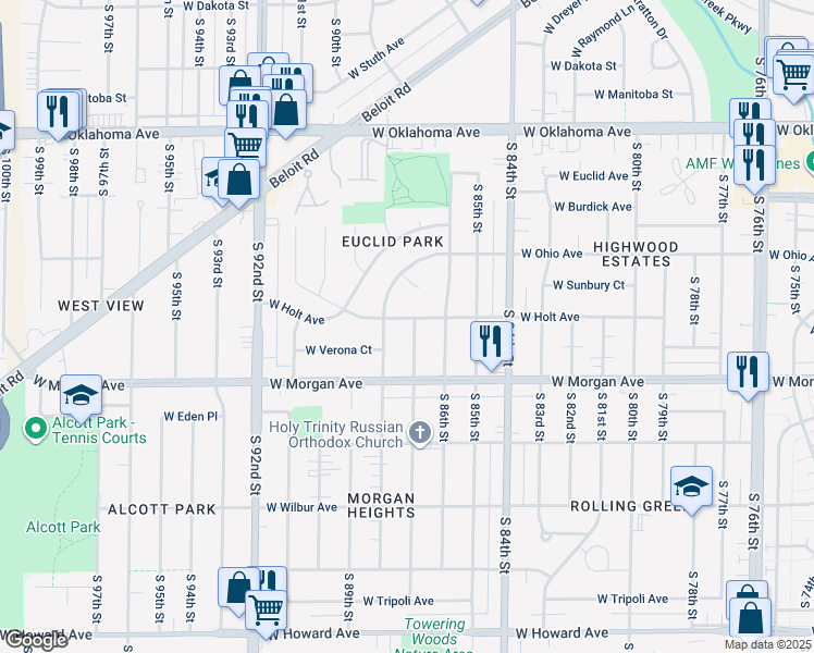 map of restaurants, bars, coffee shops, grocery stores, and more near 3409 South 87th Street in Milwaukee