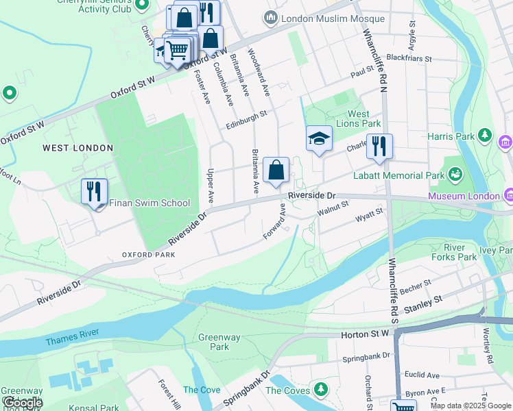 map of restaurants, bars, coffee shops, grocery stores, and more near 248 Riverside Drive in London