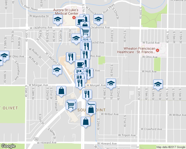 map of restaurants, bars, coffee shops, grocery stores, and more near 3422 South 26th Street in Milwaukee