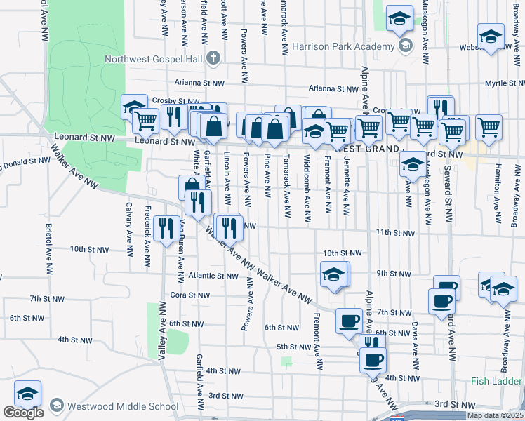 map of restaurants, bars, coffee shops, grocery stores, and more near 1020 Powers Avenue Northwest in Grand Rapids