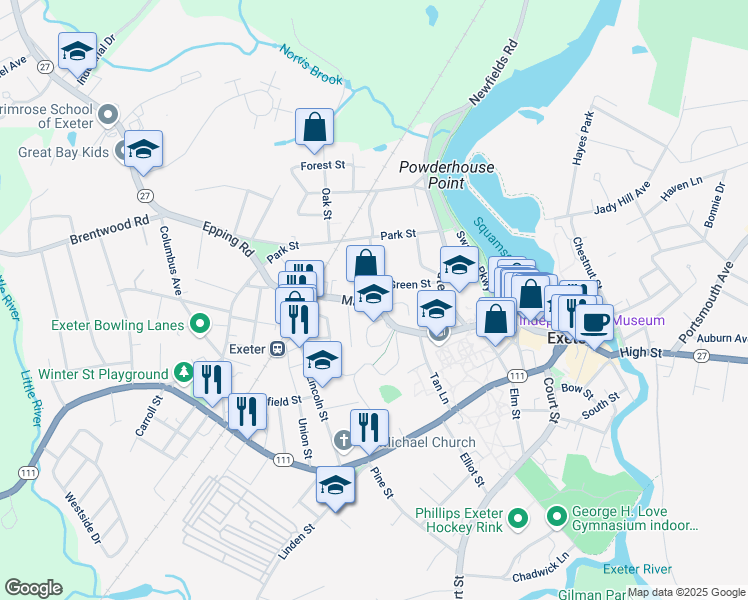 map of restaurants, bars, coffee shops, grocery stores, and more near 49 Main Street in Exeter