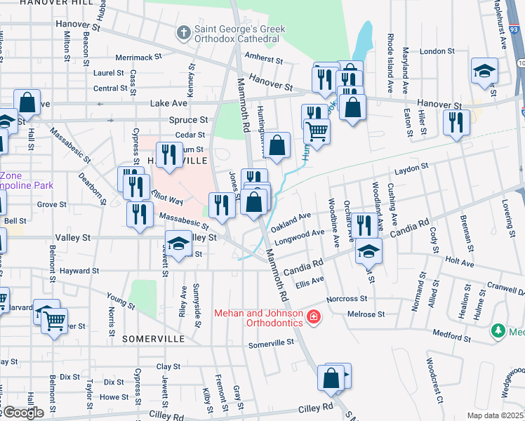 map of restaurants, bars, coffee shops, grocery stores, and more near 271 Mammoth Road in Manchester