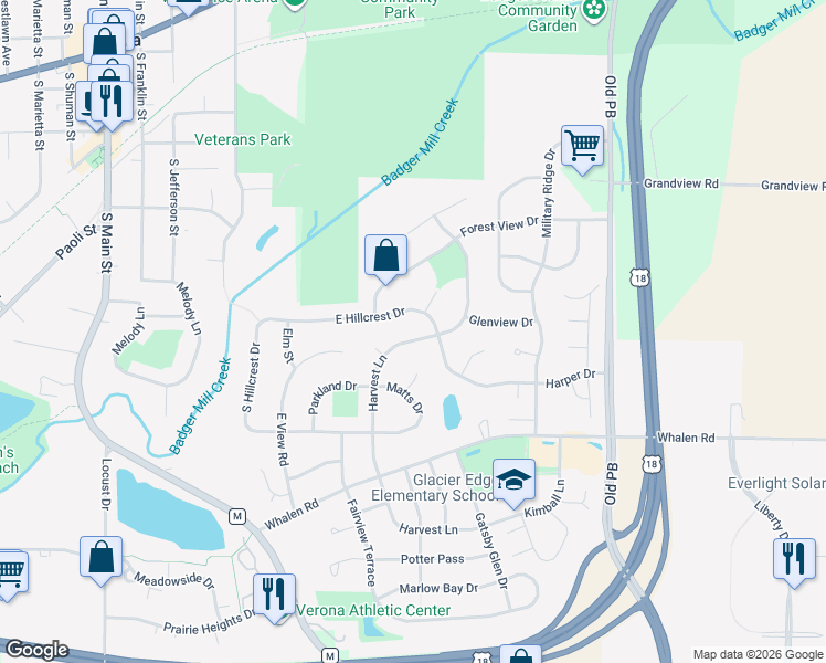 map of restaurants, bars, coffee shops, grocery stores, and more near 546 Harvest Ln in Verona