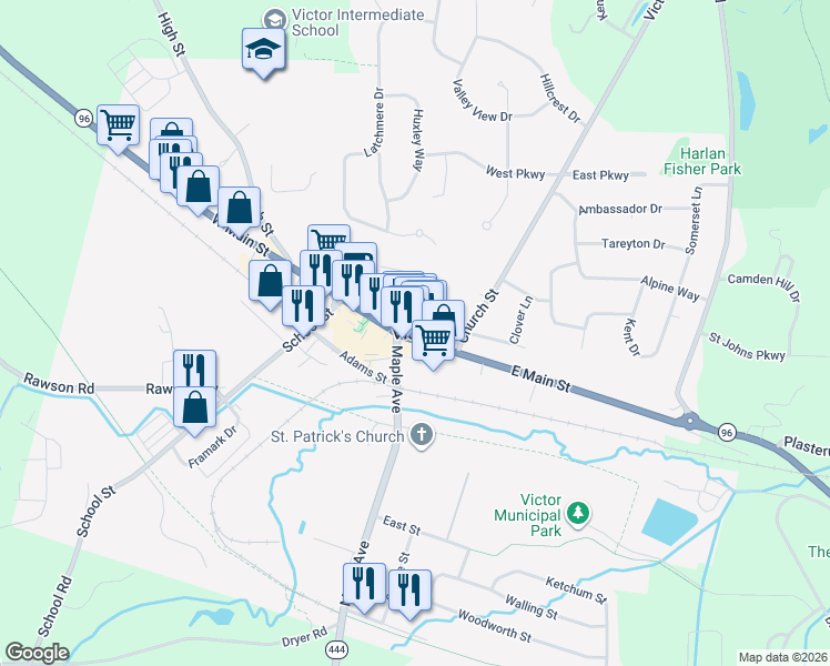 map of restaurants, bars, coffee shops, grocery stores, and more near in Victor