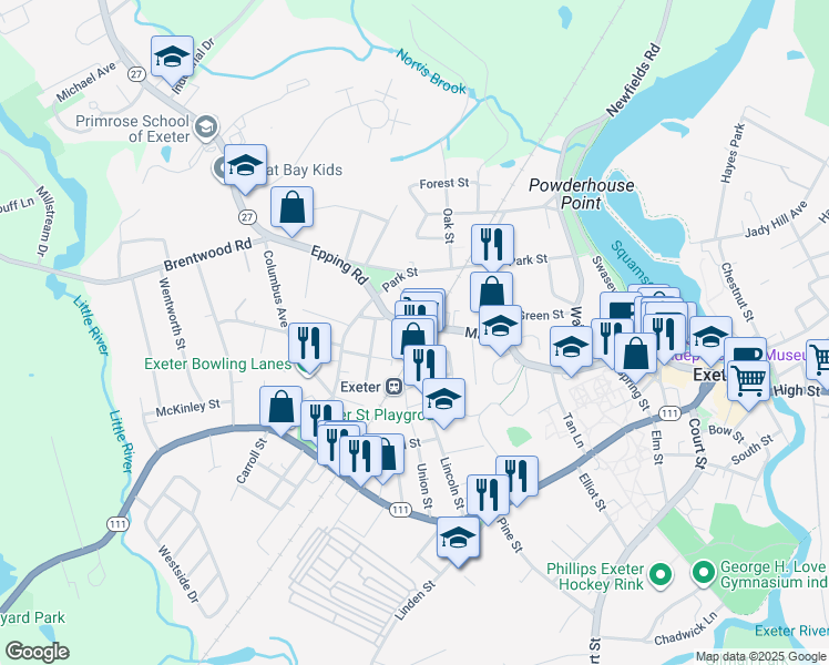 map of restaurants, bars, coffee shops, grocery stores, and more near 76 Lincoln Street in Exeter