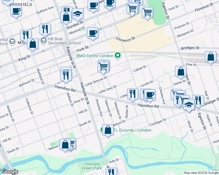 map of restaurants, bars, coffee shops, grocery stores, and more near in London