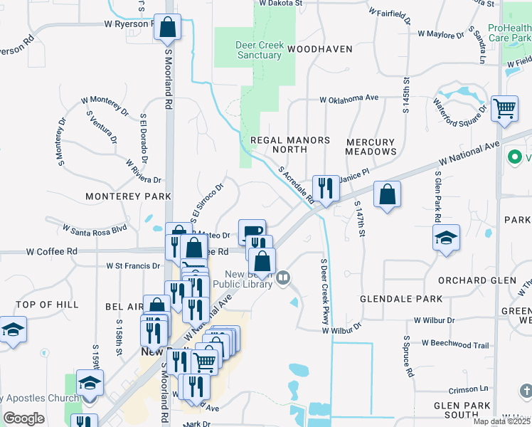 map of restaurants, bars, coffee shops, grocery stores, and more near 14979 West Vera Cruz Court in New Berlin