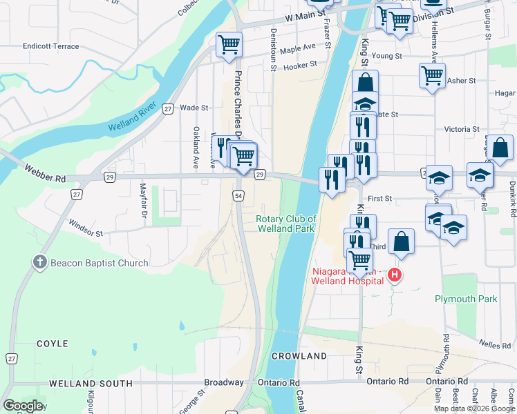 map of restaurants, bars, coffee shops, grocery stores, and more near 35 Nova Crescent in Welland
