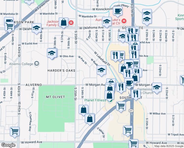 map of restaurants, bars, coffee shops, grocery stores, and more near 3442 South 33rd Street in Milwaukee