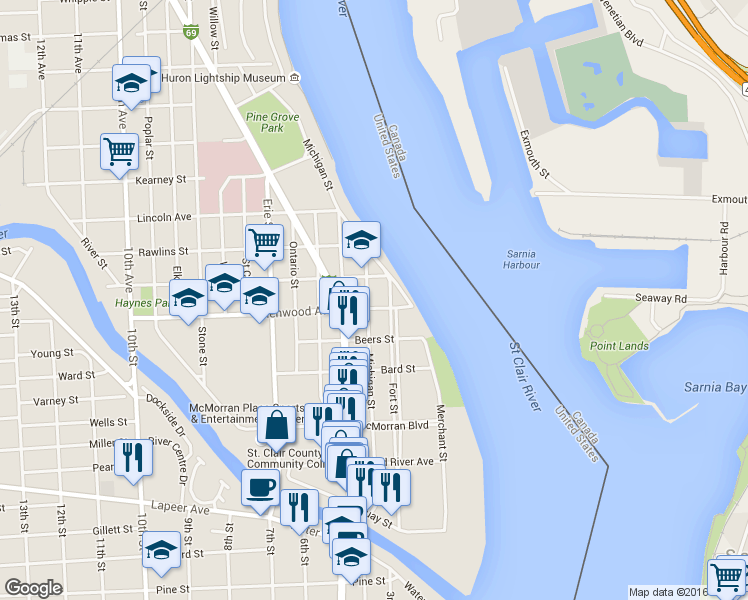 map of restaurants, bars, coffee shops, grocery stores, and more near 800 Michigan Street in Port Huron