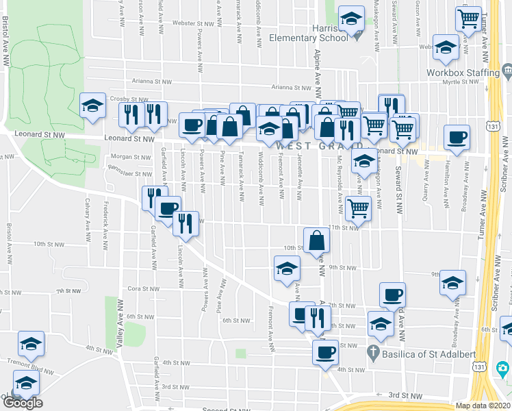 map of restaurants, bars, coffee shops, grocery stores, and more near 1027 Widdicomb Avenue Northwest in Grand Rapids