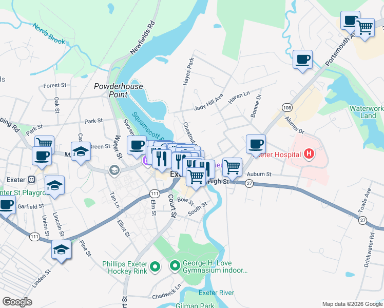 map of restaurants, bars, coffee shops, grocery stores, and more near 24 String Bridge in Exeter