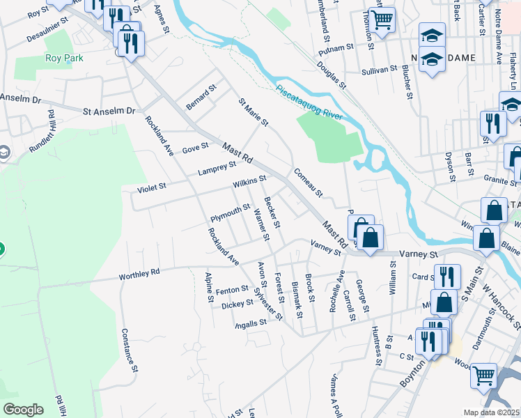 map of restaurants, bars, coffee shops, grocery stores, and more near 119 Warner Street in Manchester