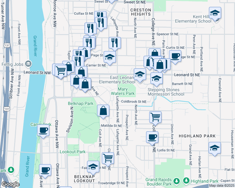 map of restaurants, bars, coffee shops, grocery stores, and more near 1069 Lafayette Avenue Northeast in Grand Rapids