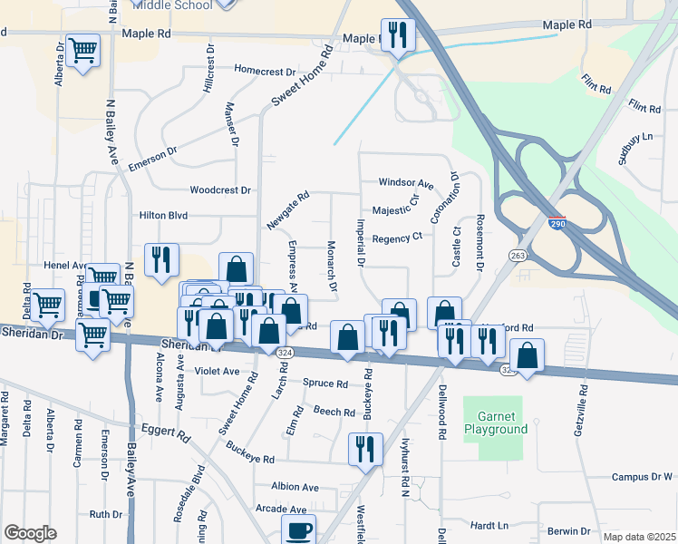 map of restaurants, bars, coffee shops, grocery stores, and more near 65 Monarch Drive in Buffalo