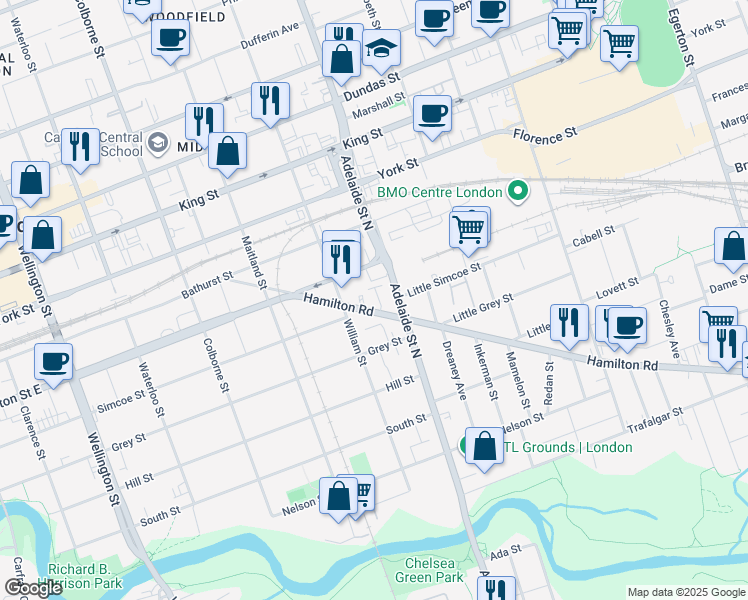 map of restaurants, bars, coffee shops, grocery stores, and more near in London