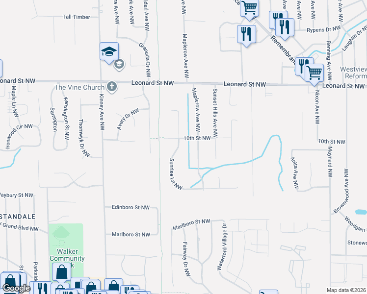 map of restaurants, bars, coffee shops, grocery stores, and more near 978 Sunrise Lane Northwest in Grand Rapids