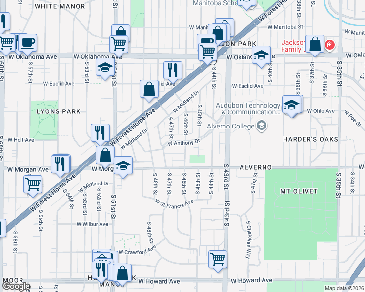 map of restaurants, bars, coffee shops, grocery stores, and more near 4605 West Anthony Drive in Greenfield