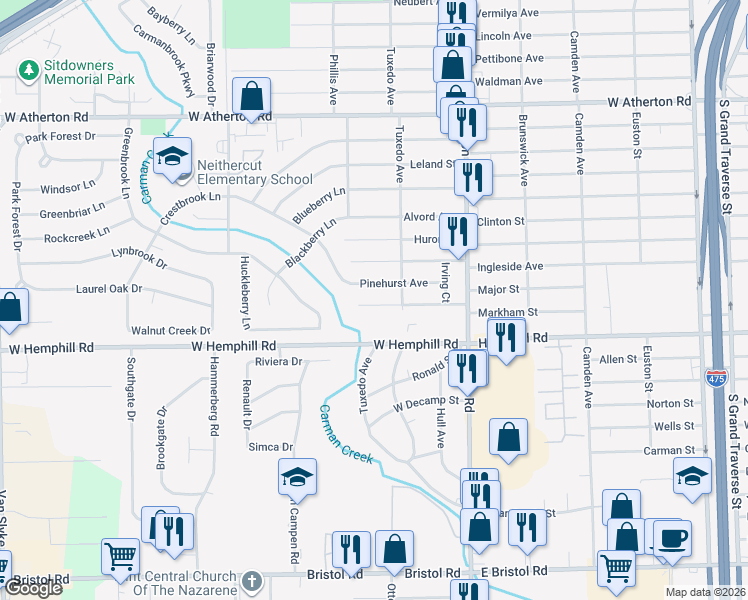 map of restaurants, bars, coffee shops, grocery stores, and more near 1234 Markham Street in Flint