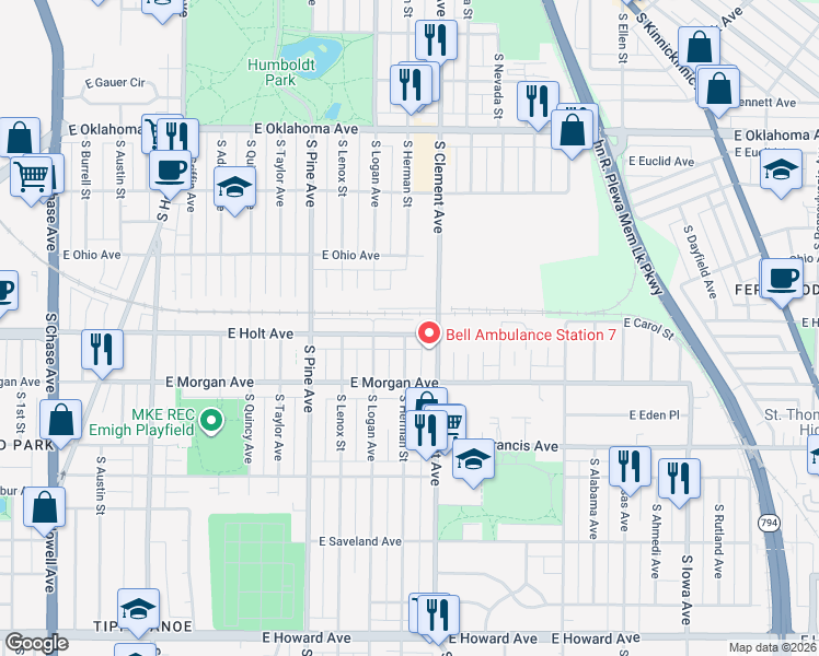 map of restaurants, bars, coffee shops, grocery stores, and more near 1102 East Holt Avenue in Milwaukee