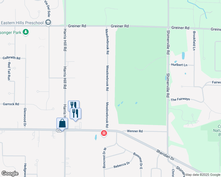 map of restaurants, bars, coffee shops, grocery stores, and more near 4971 Meadowbrook Road in Buffalo
