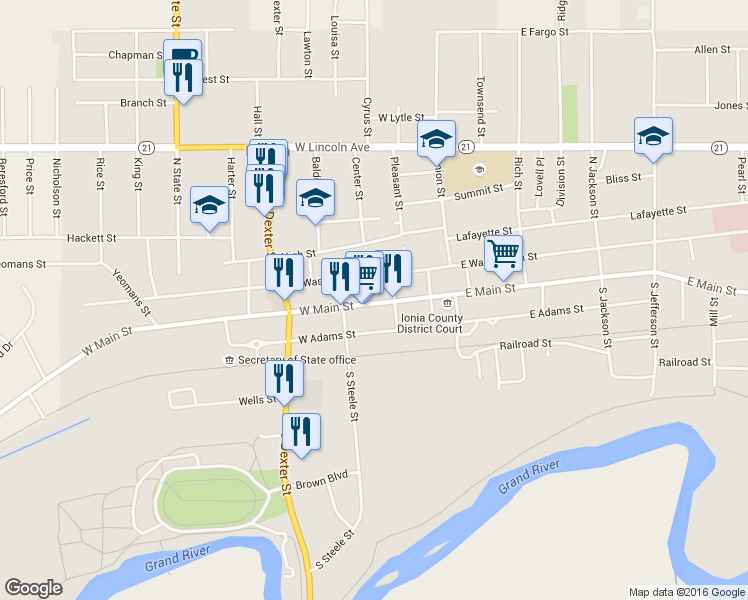 map of restaurants, bars, coffee shops, grocery stores, and more near 318 West Main Street in Ionia