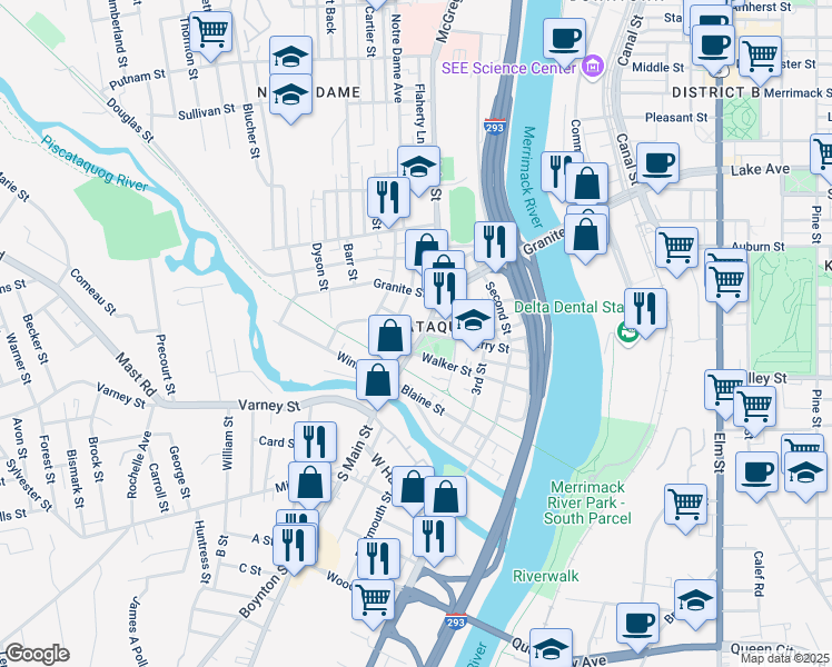 map of restaurants, bars, coffee shops, grocery stores, and more near 63 South Main Street in Manchester