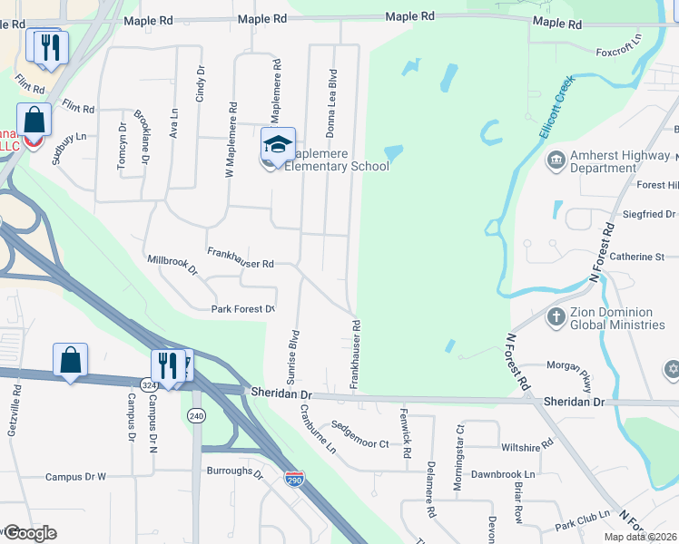 map of restaurants, bars, coffee shops, grocery stores, and more near 52 Fairways Blvd in Buffalo