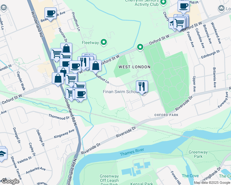 map of restaurants, bars, coffee shops, grocery stores, and more near 575 Proudfoot Lane in London