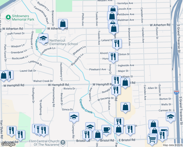 map of restaurants, bars, coffee shops, grocery stores, and more near 1234 Markham Street in Flint