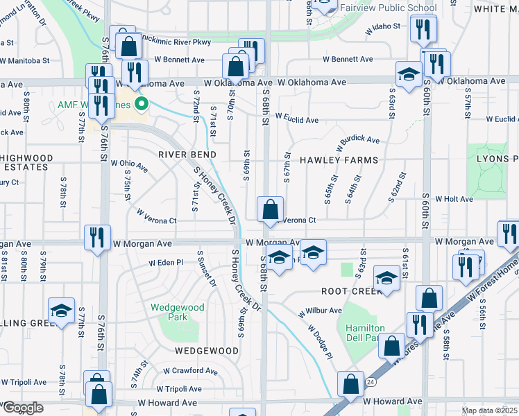 map of restaurants, bars, coffee shops, grocery stores, and more near 3422 South 68th Street in Milwaukee