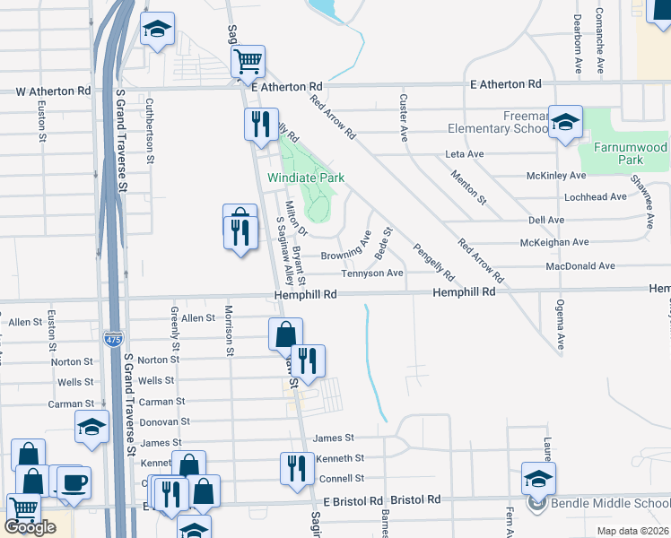 map of restaurants, bars, coffee shops, grocery stores, and more near 237 Tennyson Avenue in Flint
