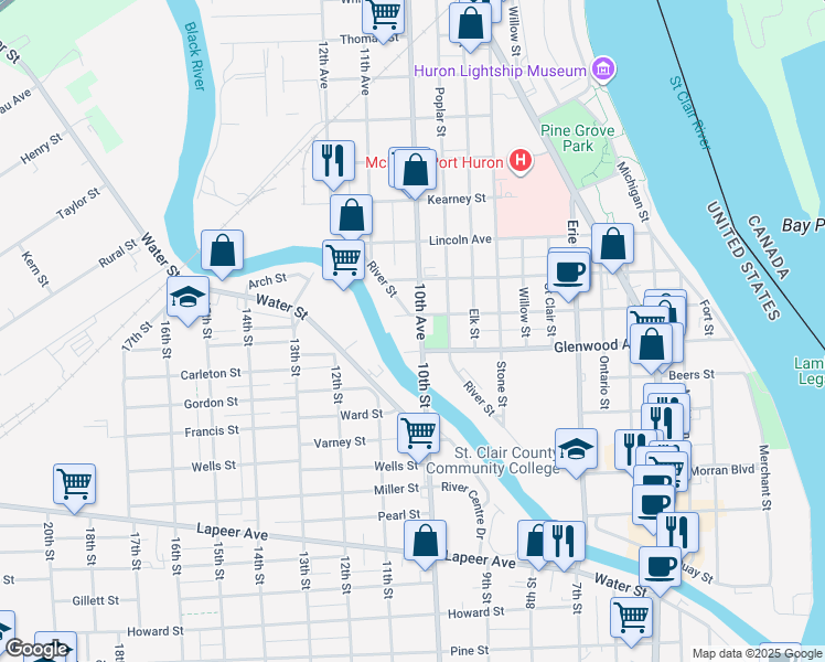 map of restaurants, bars, coffee shops, grocery stores, and more near 817 10th Avenue in Port Huron