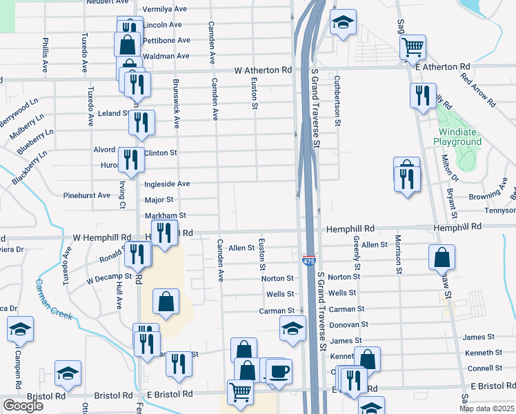 map of restaurants, bars, coffee shops, grocery stores, and more near 4501 Camden Avenue in Flint