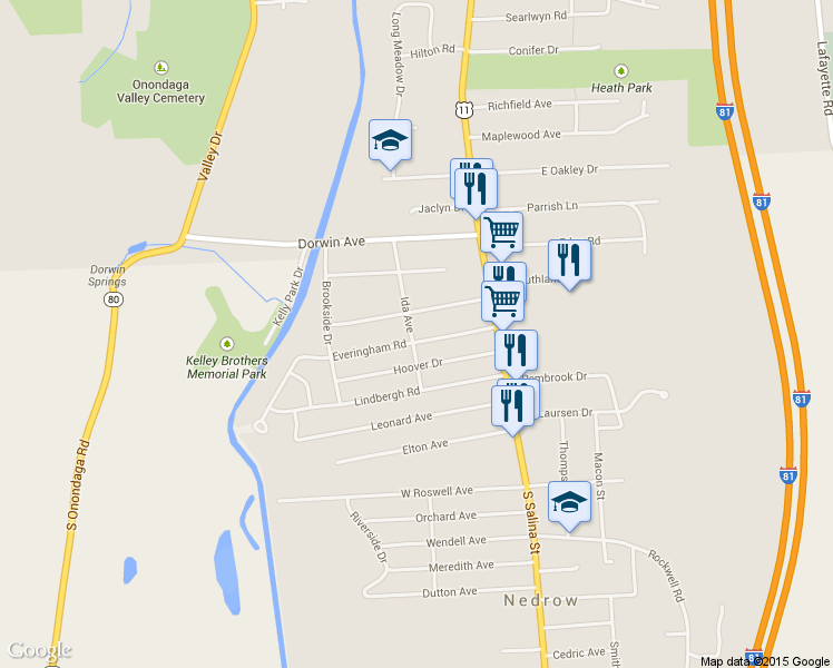 map of restaurants, bars, coffee shops, grocery stores, and more near 170 Everingham Road in Syracuse