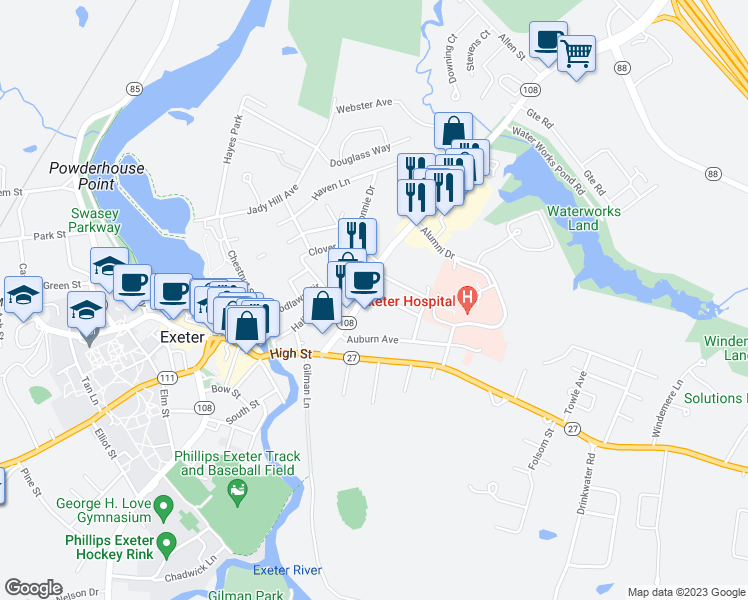 map of restaurants, bars, coffee shops, grocery stores, and more near 5 Prospect Street in Exeter